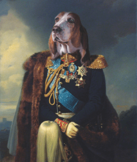 Portrait de chien bassethound en officier 100x70 cm